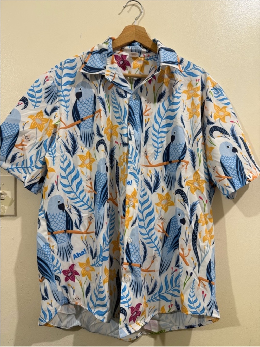 White Short-Sleeve Parrot Print Button-Down Shirt